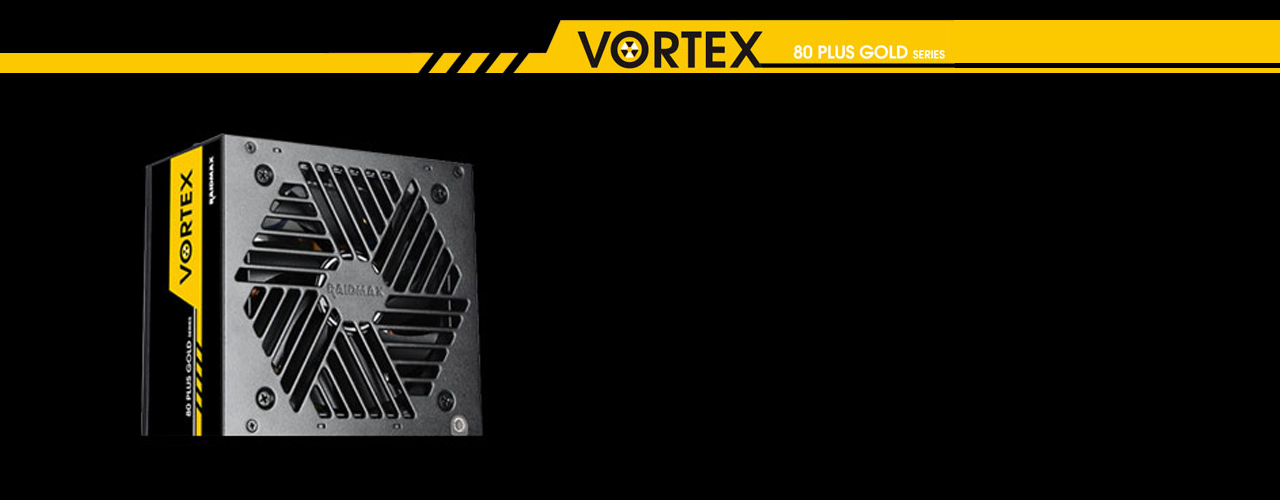 A power supply slightly tilted to the right to show the fan side and the series side