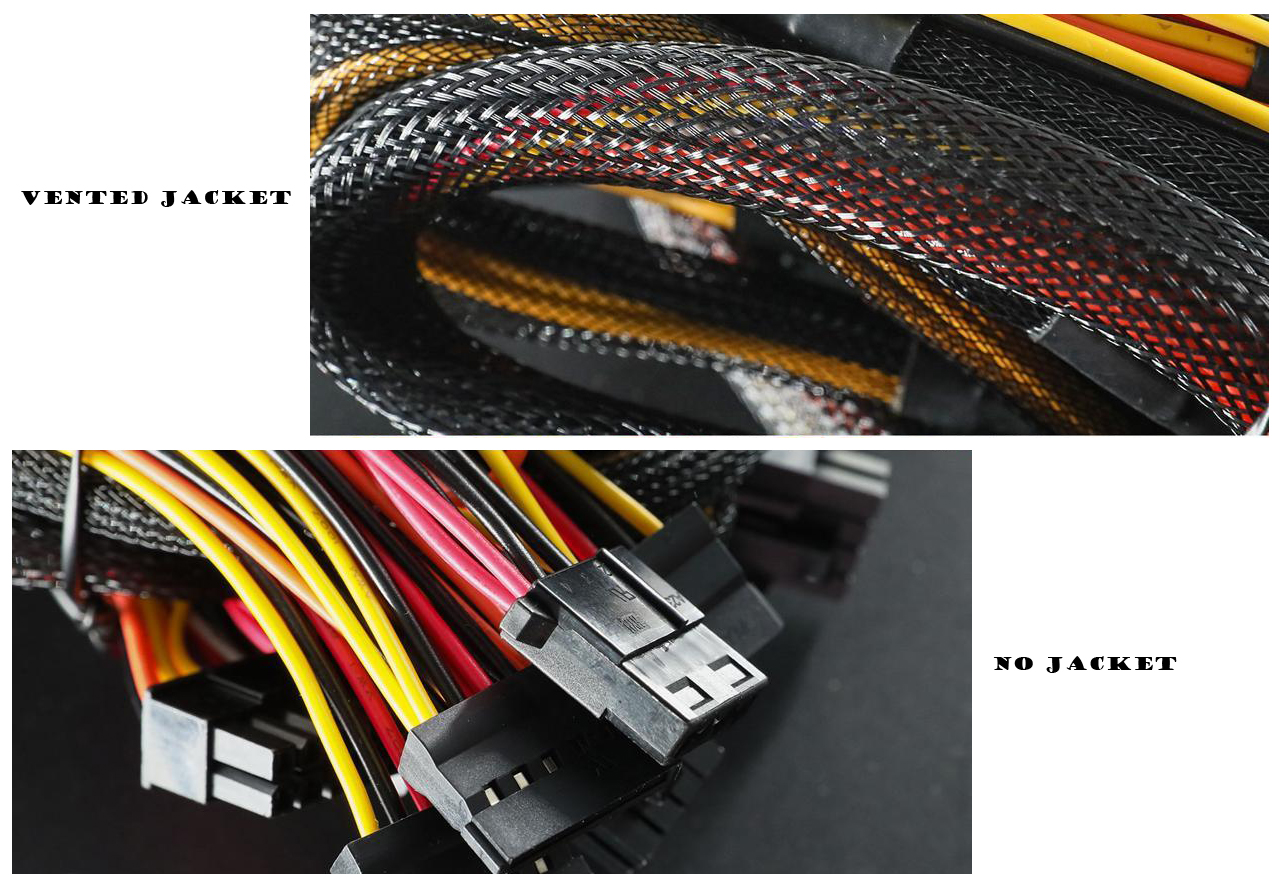 Two pictures with the top one showing cables with vented jacket and the beneath one show cables without jacket