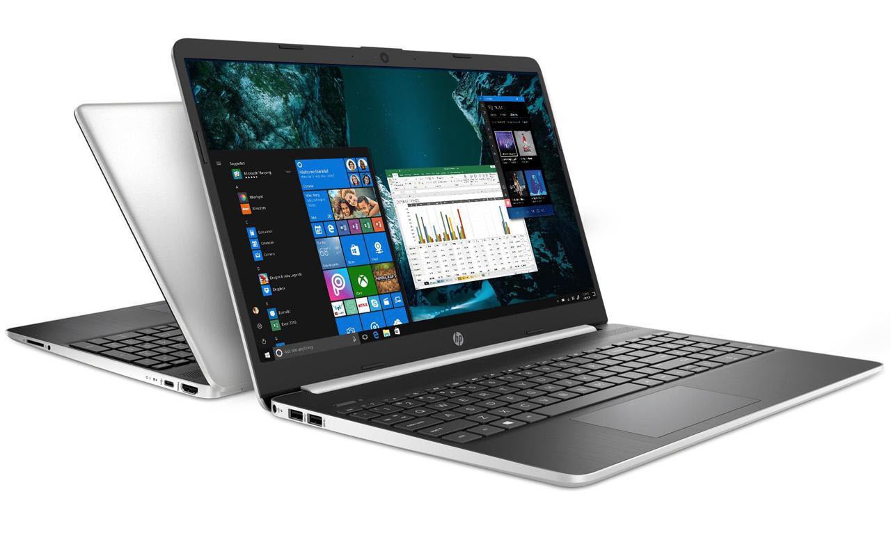 HP 15.6-inch Notebook angled to right showing a Windows 10 desktop with multiple programs opened