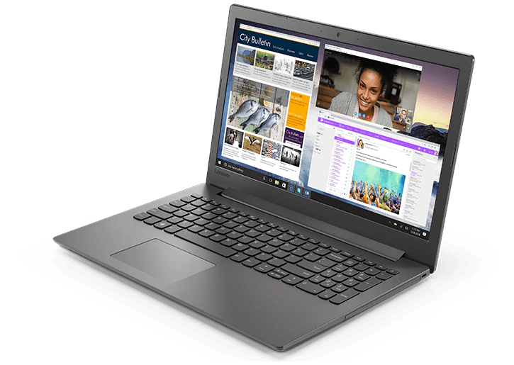 Lenovo IdeaPad 130 angled to left showing multiple task windows