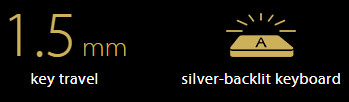 text and graphics that indicate: 1.5mm key travel and silver-backlit keyboard