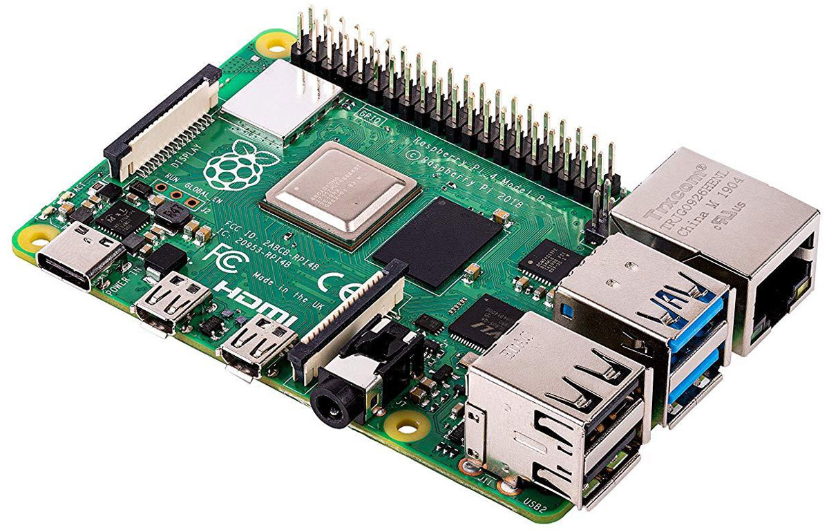 Top angle view of the board, showing ports on side and chips on board