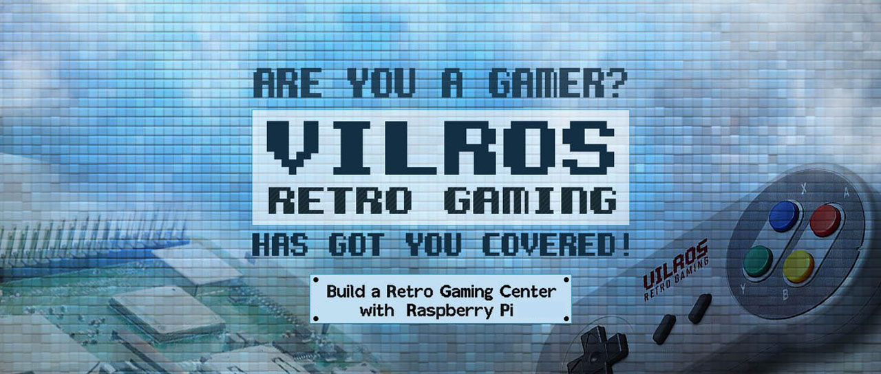 A picture in pixelization style, showing part of the Raspberry Pi 4 board, a retro SNES styled gamepad, and texts at center reading as “ARE YOU A GAMER”, “VILROS RETRO GAMING”, “HAS GOT YOU COVERED”, and “BUILD A RETRO GAMING CENTER WITH RASPERRY PI”