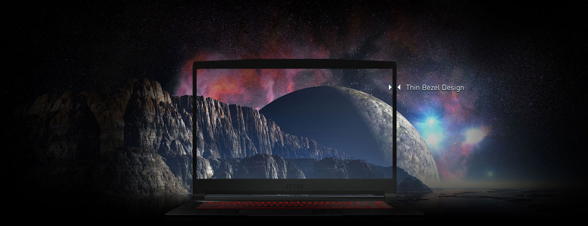 Front view of the laptop screen, with texts pointing out the thin bezel design. The background is gorgeous scenery of alien planet