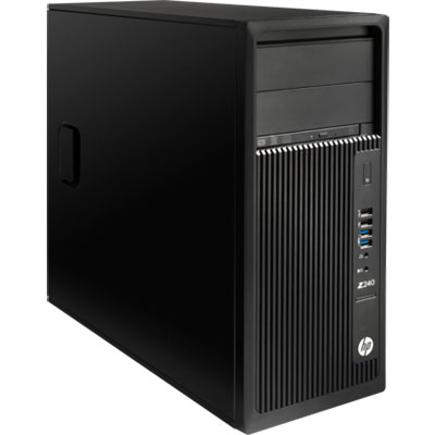 Front view of the HP Z240 Tower Workstation, angled slightly to the right