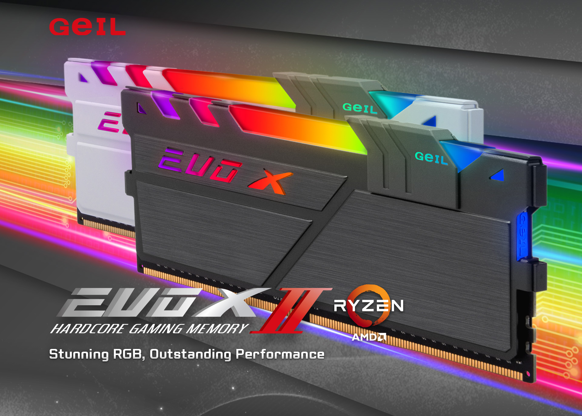 Geil Logo Above Two Geil EVO X Gaming Memory Stick, One White the Other Black, both facing up, angled to the left with rainbow-colored circuitry behind them. There is also text that reads: EVO X II HARDCORE GAMING MEMORY, Stunning RGB, Outstanding Performance - the Ryzen AMD Badges are next to this text