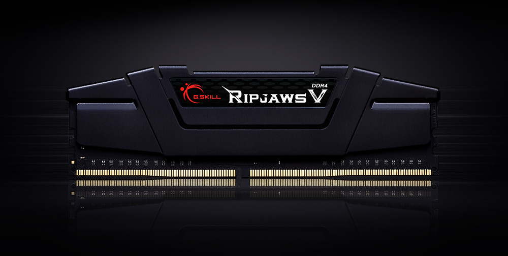 Front view of the G.SKILL Ripjaws V in black heat spreader in standing position