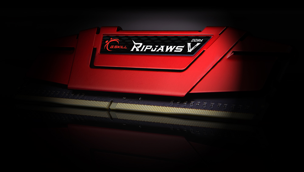 Front tilt view of the G.SKILL Ripjaws V in red heat spreader, showing a close up of the logo label