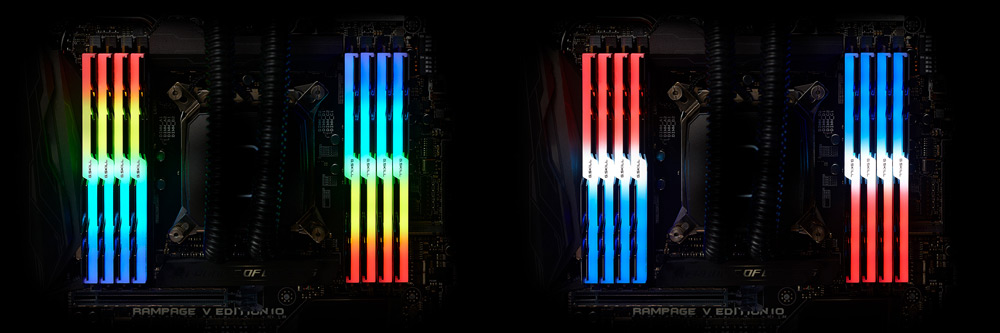 Four Overhead Instances of TridentZ RGB Memory Installed on a Motherboard with Different RGB Lightings