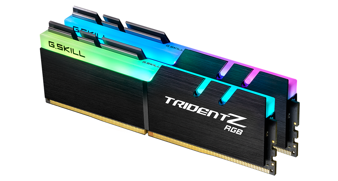 Two G.Skill TridentZ F4-3200C16D-32GTZR Memory Modules Angled Down to the Left