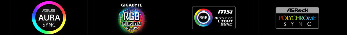 Front left to right: logo of Asus Aura Sync, logo of Gigabyte RGB Fusion, logo of MSI Mystic Light Sync, and logo of Polychrome Sync