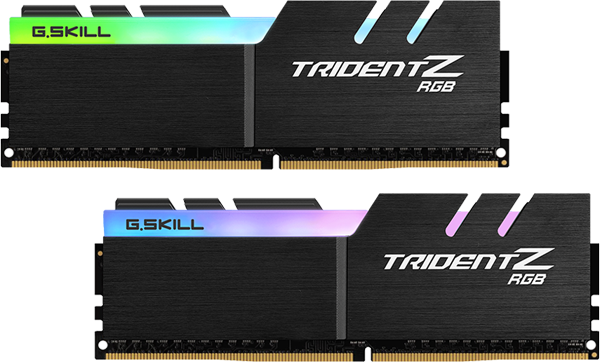 Front view of two TridentZ RGB modules: the top one’s RGB strip illuminated green, and the bottom one’s RGB strip illuminated purple