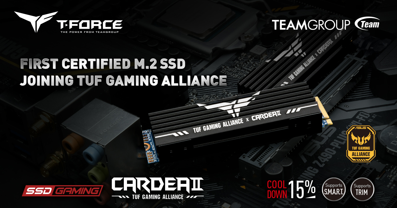 Team Group T-FORCE CARDEA II TUF Gaming Alliance SSD side view and Team Group logo