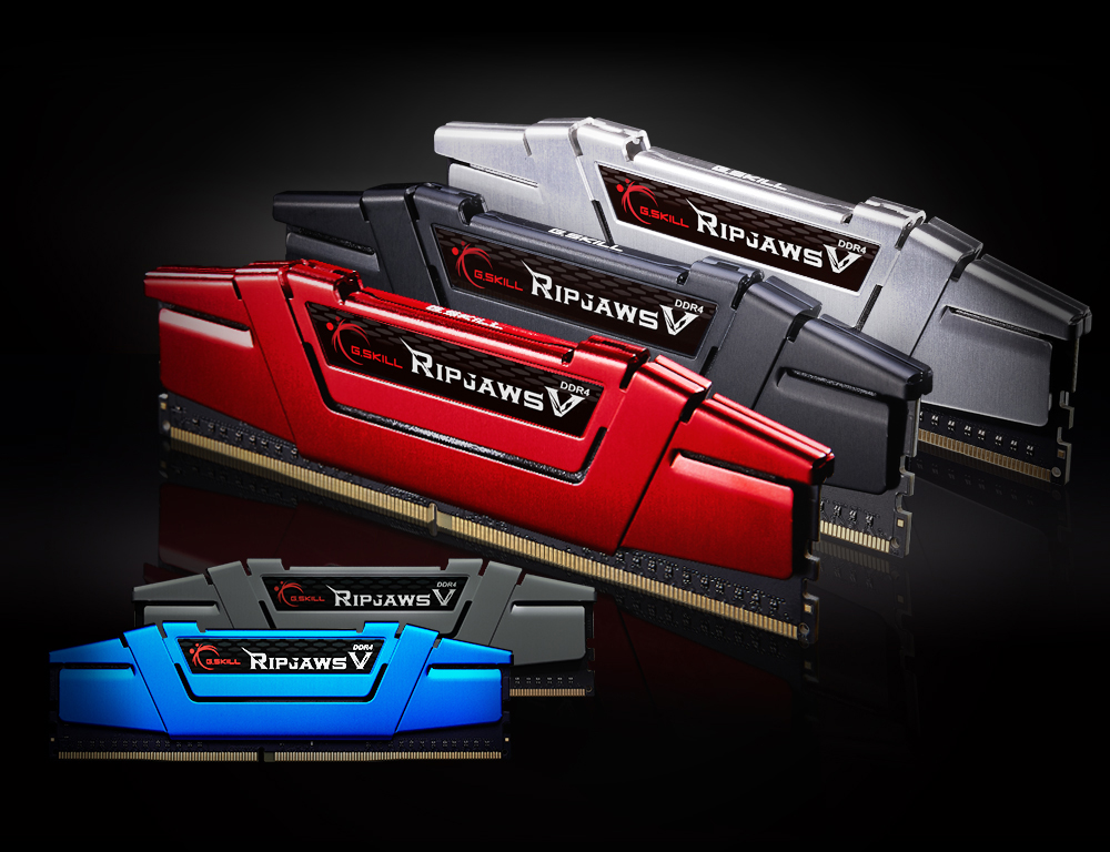 Multiple G.SKILL Ripjaws V memory modules on display, with different colored heat spreader