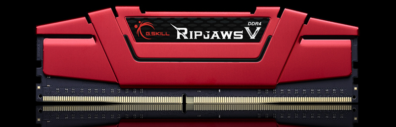 Front view of the G.SKILL Ripjaws V in red heat spreader in standing position