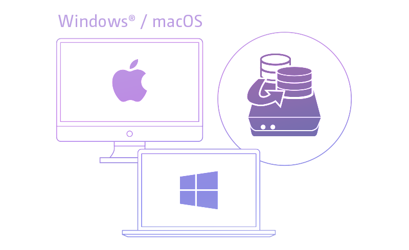 An iMac and Windows laptop graphics next to graphics for the NAS storage