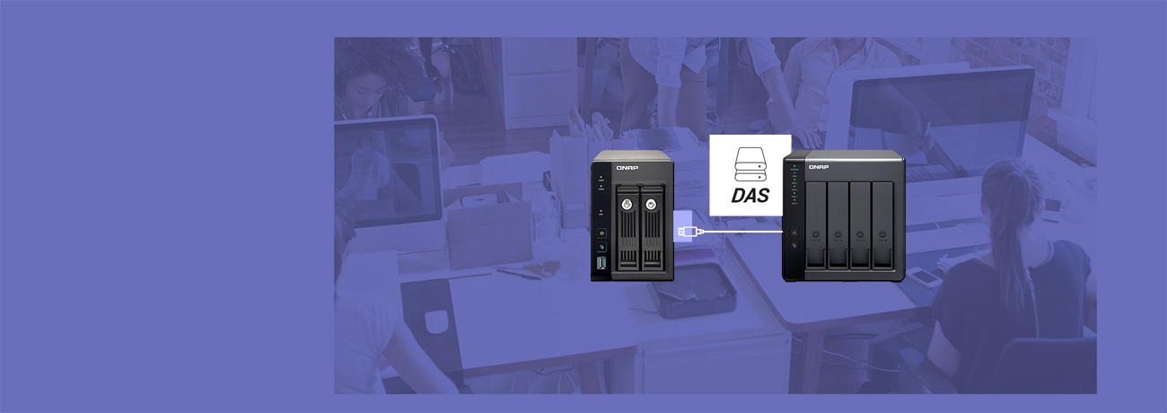 A conventional NAS unit being connected to by a QNAP TR-004 via DAS on a purple background