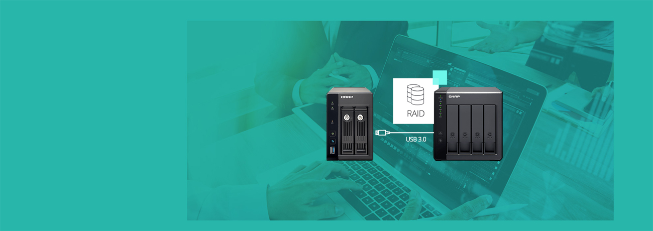 A conventional NAS unit being connected to by a QNAP TR-004 via RAID on a green background