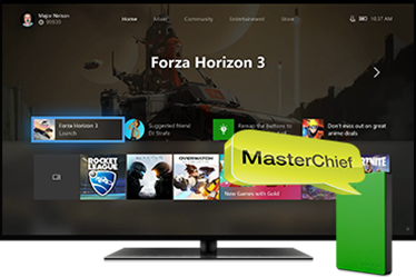 Front angle view of a Seagate Game Drive for Xbox in standing position, in front of a large screen TV