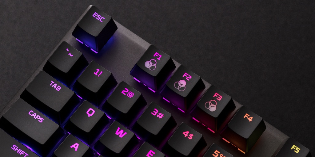 Closeup of the HyperX Alloy FPS RGB Mechanical Gaming Keyboard top-left area