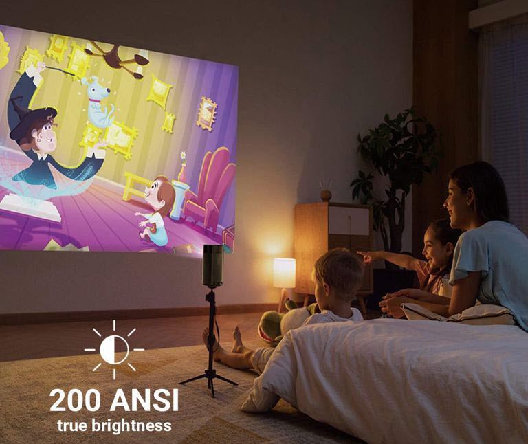 three kids watching an animation on Nebula Apollo projector