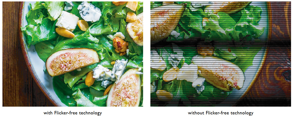 two same images showing difference effect between flicker-free technology with and without