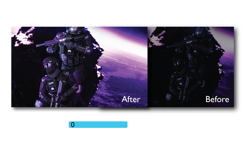 one image splited into two, showing difference effect between black equalizer on and off