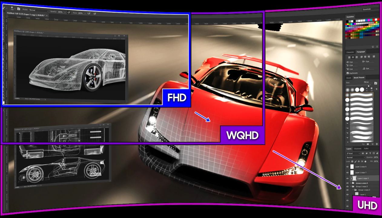 4K UHD Display Showing Photo-Editing Software and a Racing Sports Car in different windows, at different angles