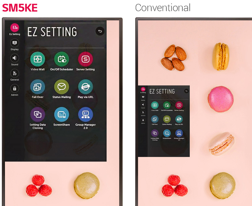 LG commercial displays in vertical alignment showing SM5KE series versus conventional
