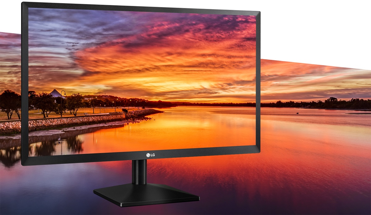 LG 27BK430H-B Monitor Angled to the Left with Its Screenfill Matching the Background image of a lakeside with pink and purple lighting at sunset