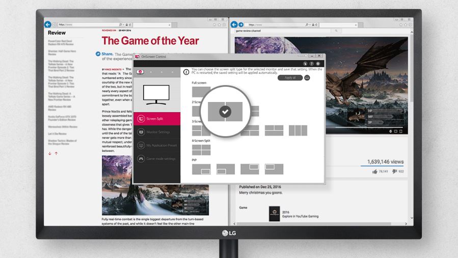 LG 27BK430H-B Monitor Facing Forward with Screen Split 2.0 Software Window Open and Two Browser Windows Side by Side