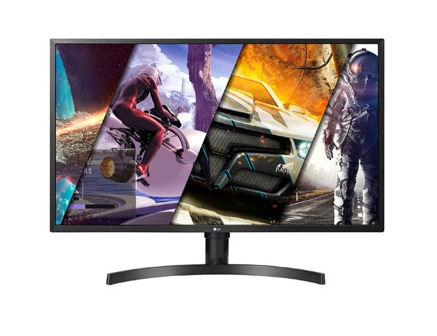 LG 32UK550-B monitor facing forward with different shots of video game art