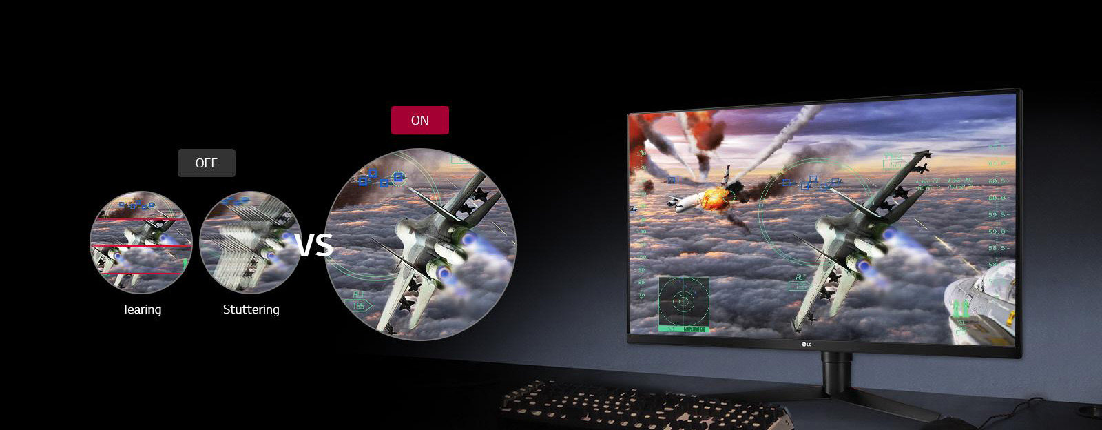 a flighting game screenshot of monitor and showing difference between freesync on and off