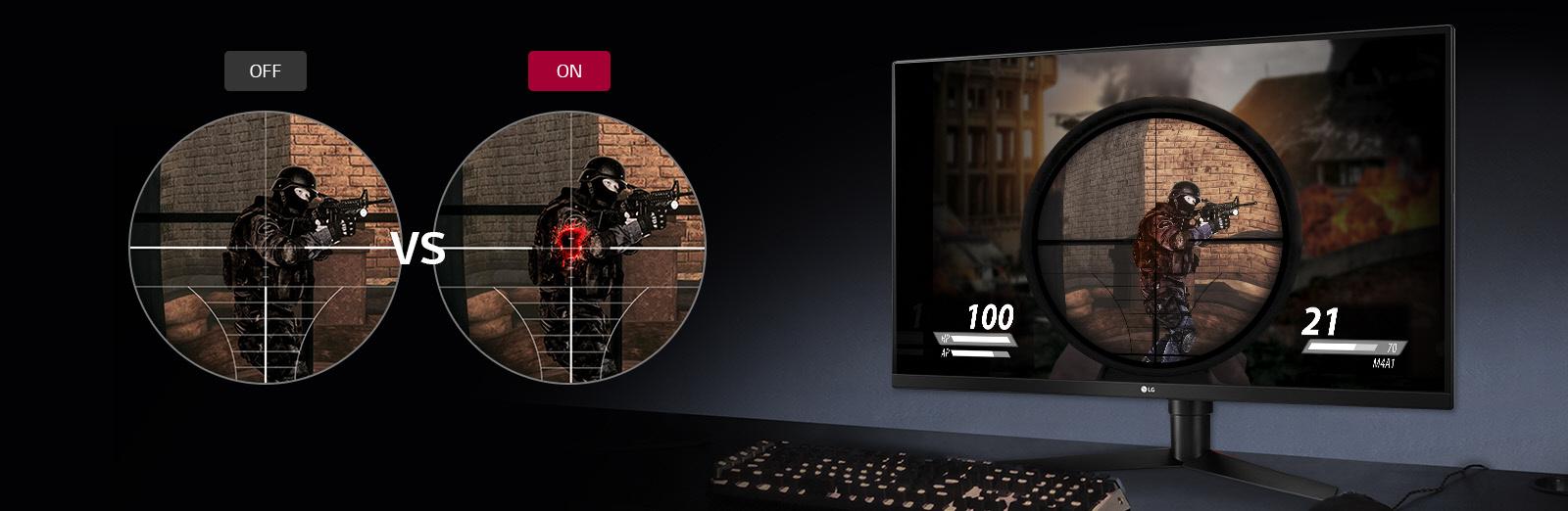 a shooting game screenshot of monitor and showing difference between dynamic action sync on and off