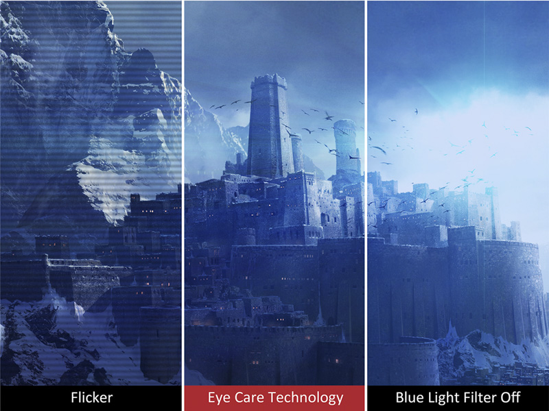 one image splited into three, showing different effect between flicker, eye care technology and blue light filter off