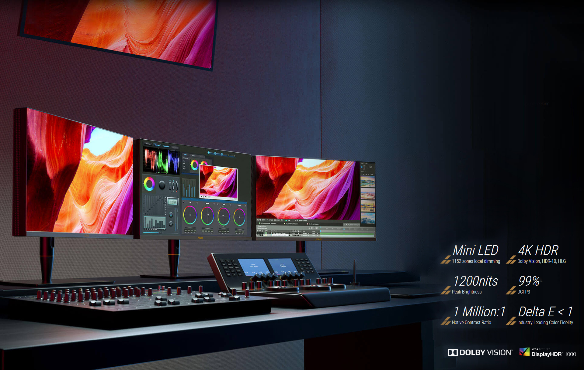 a workplace with three monitor, a chart showing the detail, Dolby vision logo and DisplayHDR1000 icon