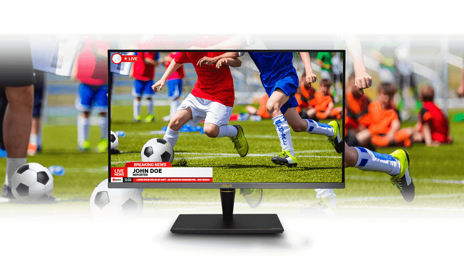 a monitor with a footable match picture as screen