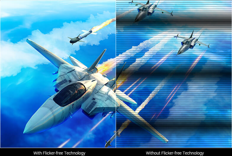 one image splited into two, showing difference between Flicker-free Technology on and off