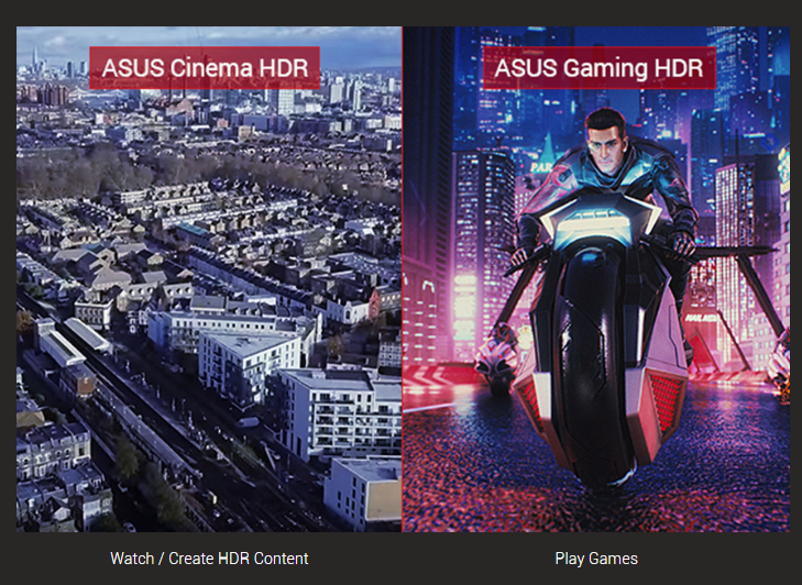 one image splited into two, showing difference effect between ASUS cinema HDR and ASUS Gaming HDR