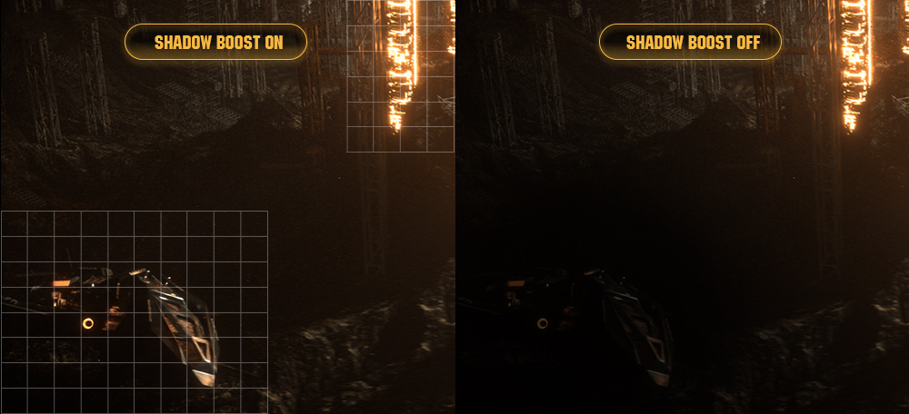 one image splited into two as screen, showing difference effect between shadow boost on and off