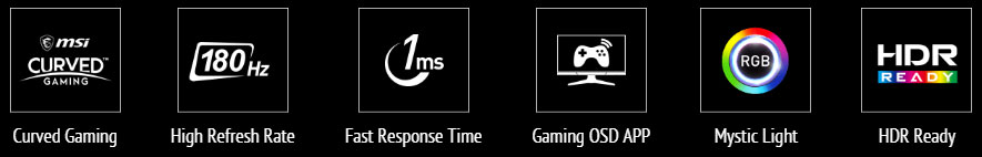 cruved icon, 180hz icon, 1ms icon, gaming OSD app icon, HDR icon, Mystic light icon