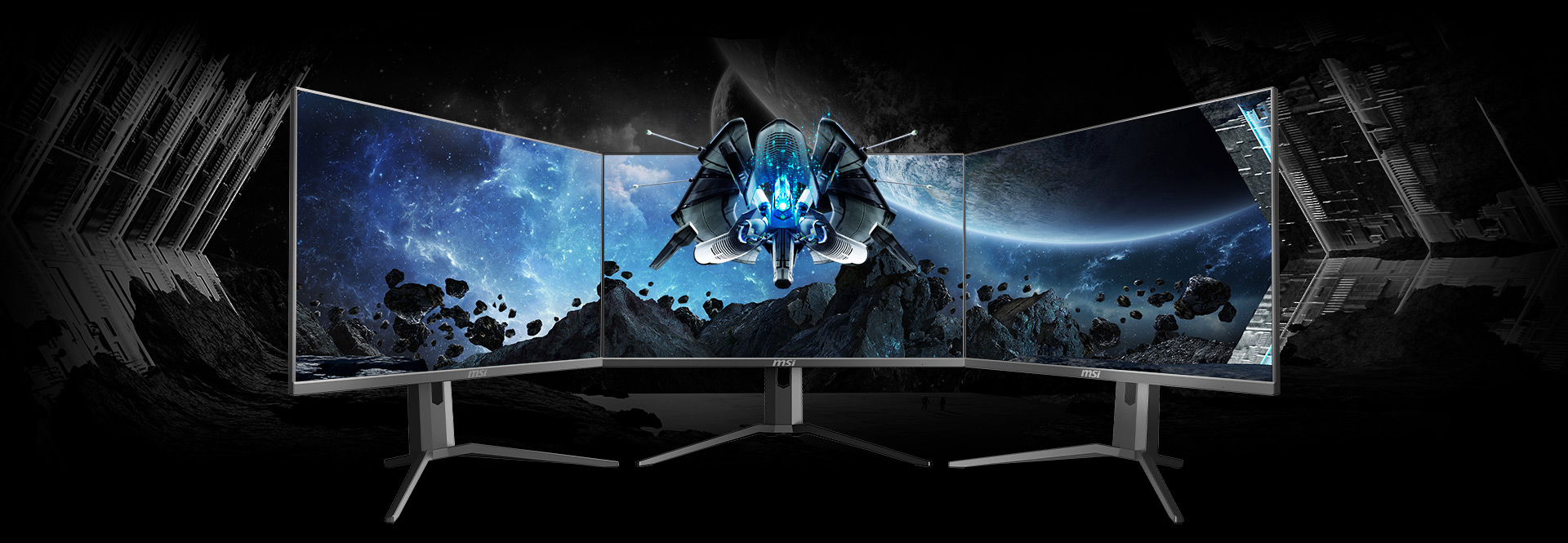 three monitors link together and a spaceship image crossing them