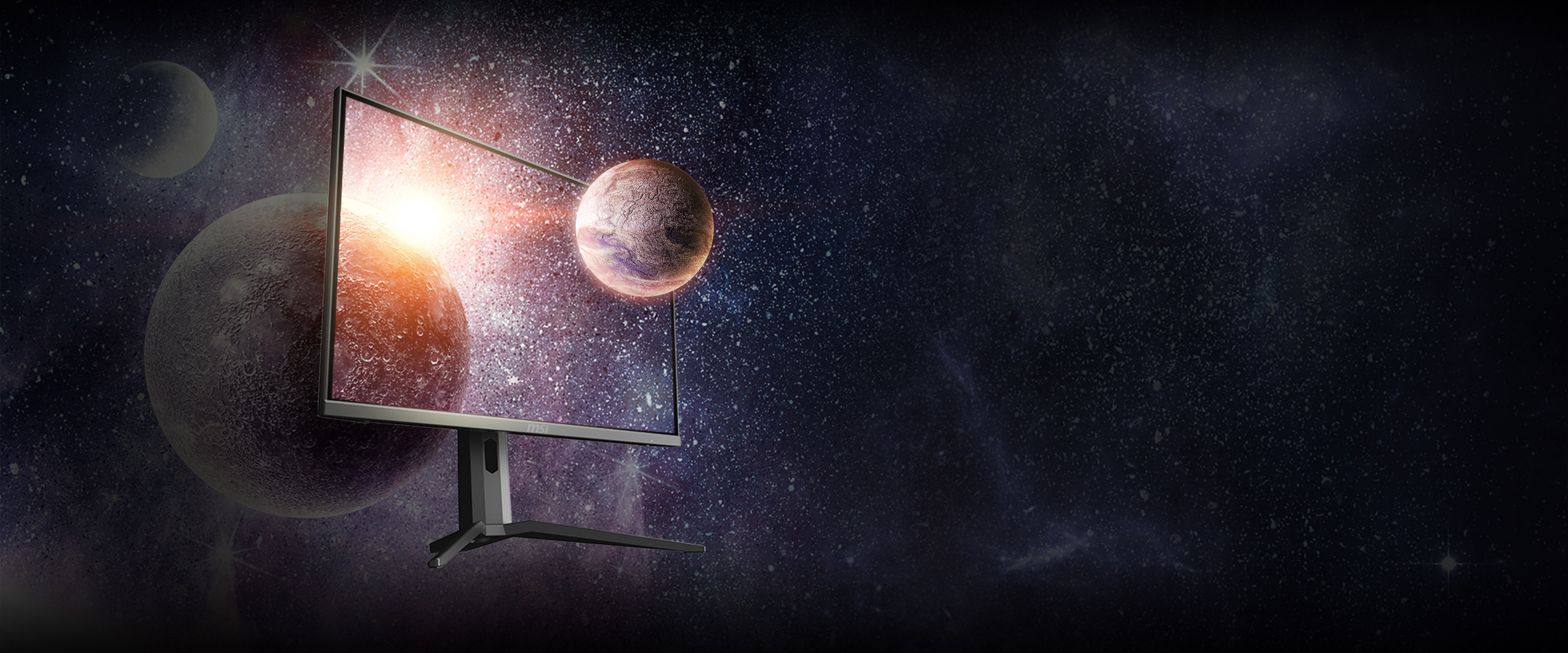 the monitor with a space image as screen