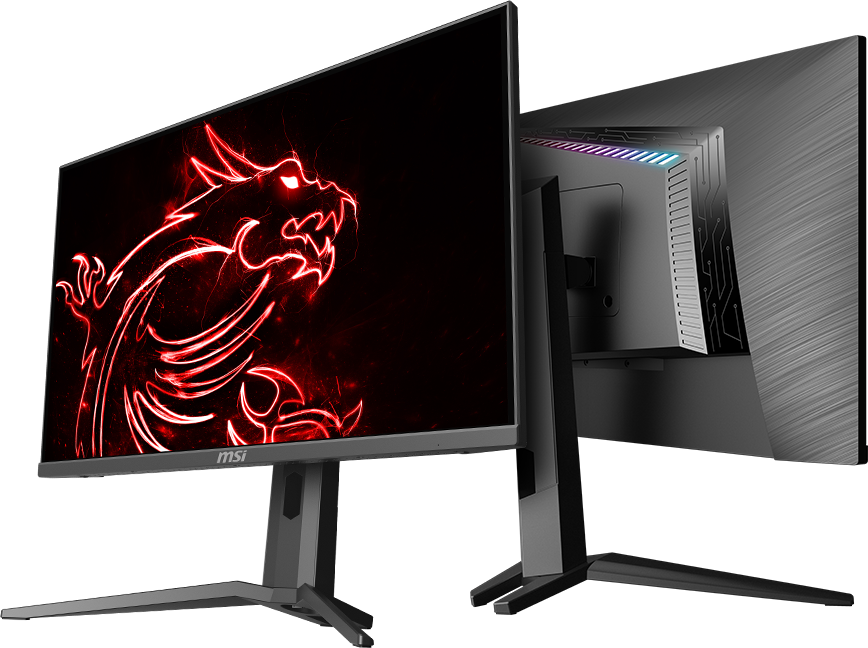 two monitor back-to-back with red dragon as screen