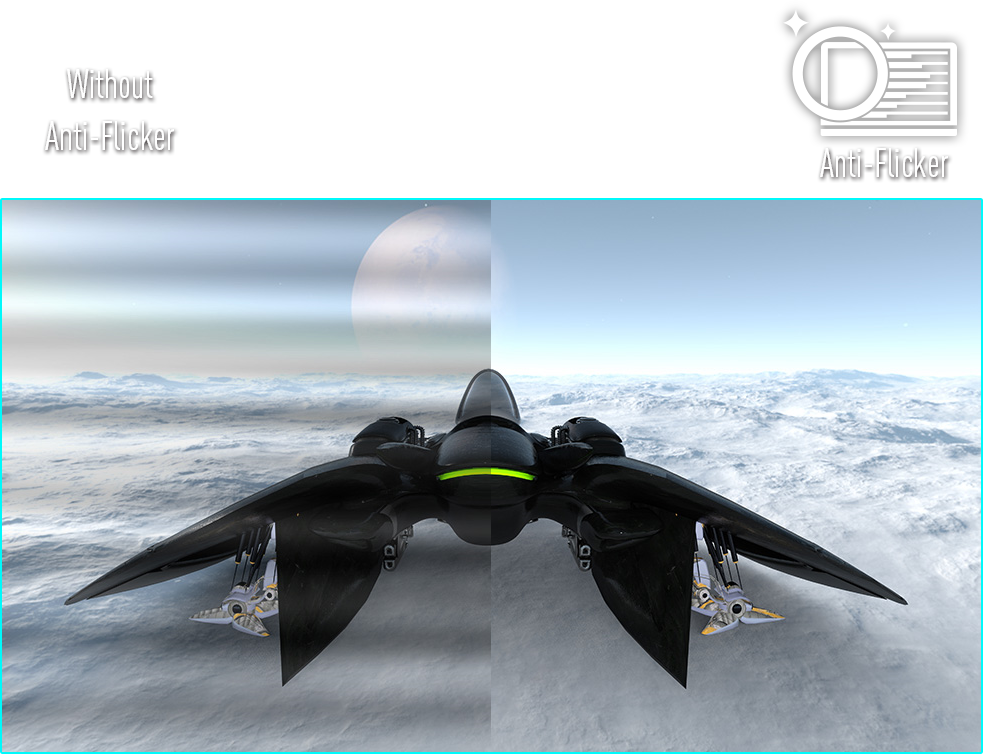 one image splited into two, showing different effect between anti-flicker technology on and off
