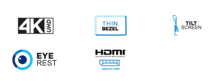 4k UHD icon, THIN BEZEL icon, TILT icon, EYE rest icon, HDMI icon