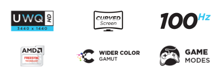 UWQ HD icon, Curved screen icon, 100hz icon, AMD Freesync icon, Wider color icon, Game Modes icon