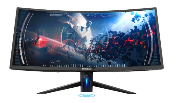 a curved monitor with a space image as screen