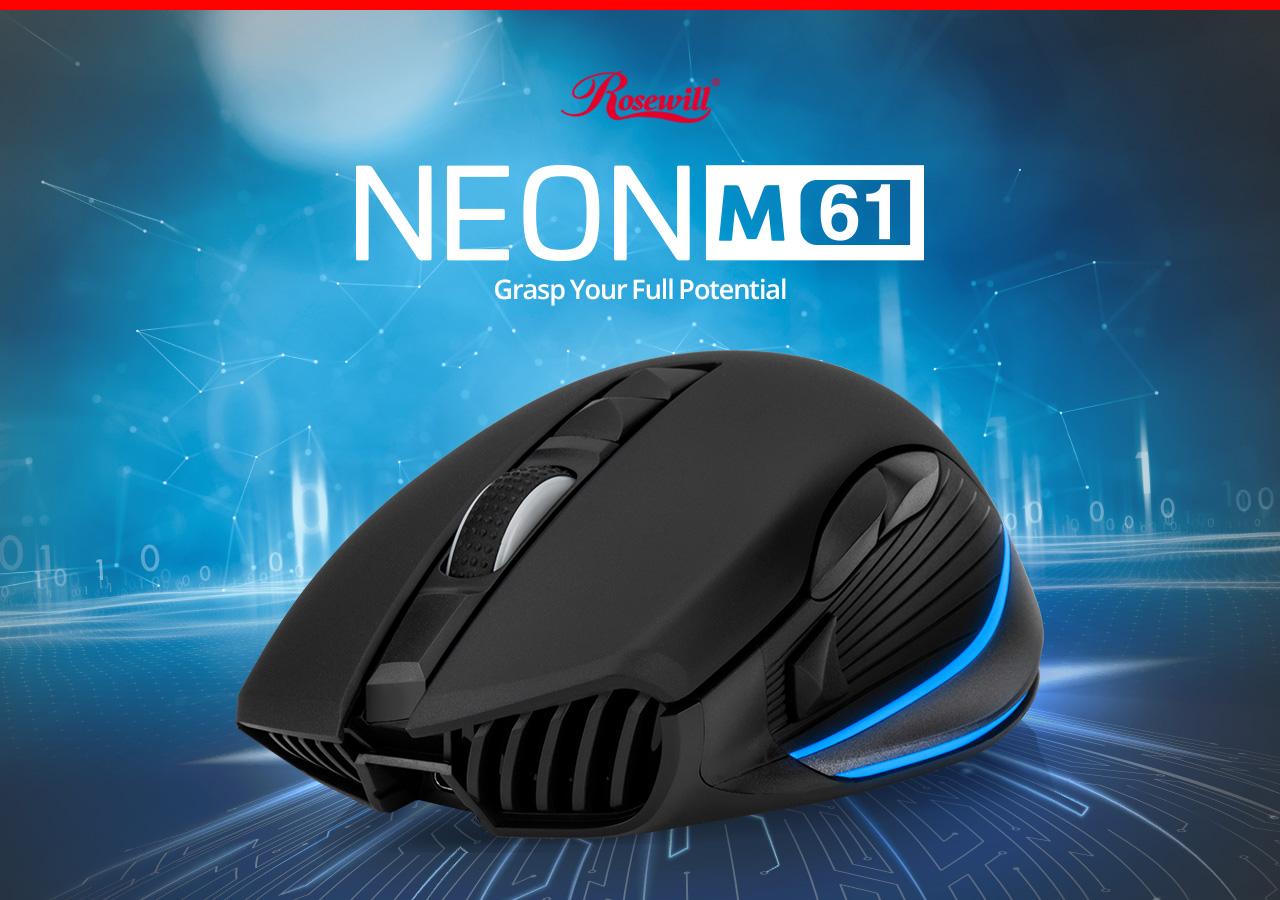 Rosewill NEON M61 Gaming Mouse with rosewill logo on top of the mouse and with blue background