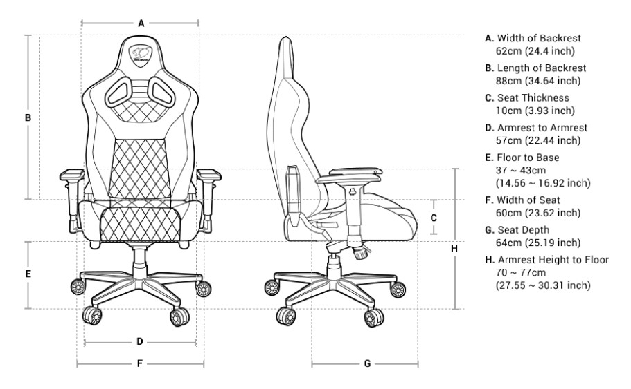 Forward and right-facing ARMOR TITAN Gaming Chair diagram with lettered points indicating: A. Width of backrest is 24.4 inches (62cm), B. Length of backrest is 34.64 inches (88cm), C. Seat Thickness is 3.93 inches (10cm), D. Armrest to armrest is 22.44 inches (57cm), E. Floor to base is 14.56 to 16.92 inches (37-43cm), F. Width of seat is 23.62 inches (60cm), G. Seat depth is 25.19 inches (64cm) and H. Armrest height to floor is 27.55 to 30.31 inches (70-77cm)